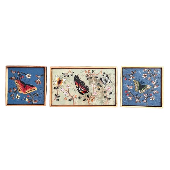 Set of 3 Reverse Painted Glass 'Butterfly Peace' Wall Artby Manuel Enciso